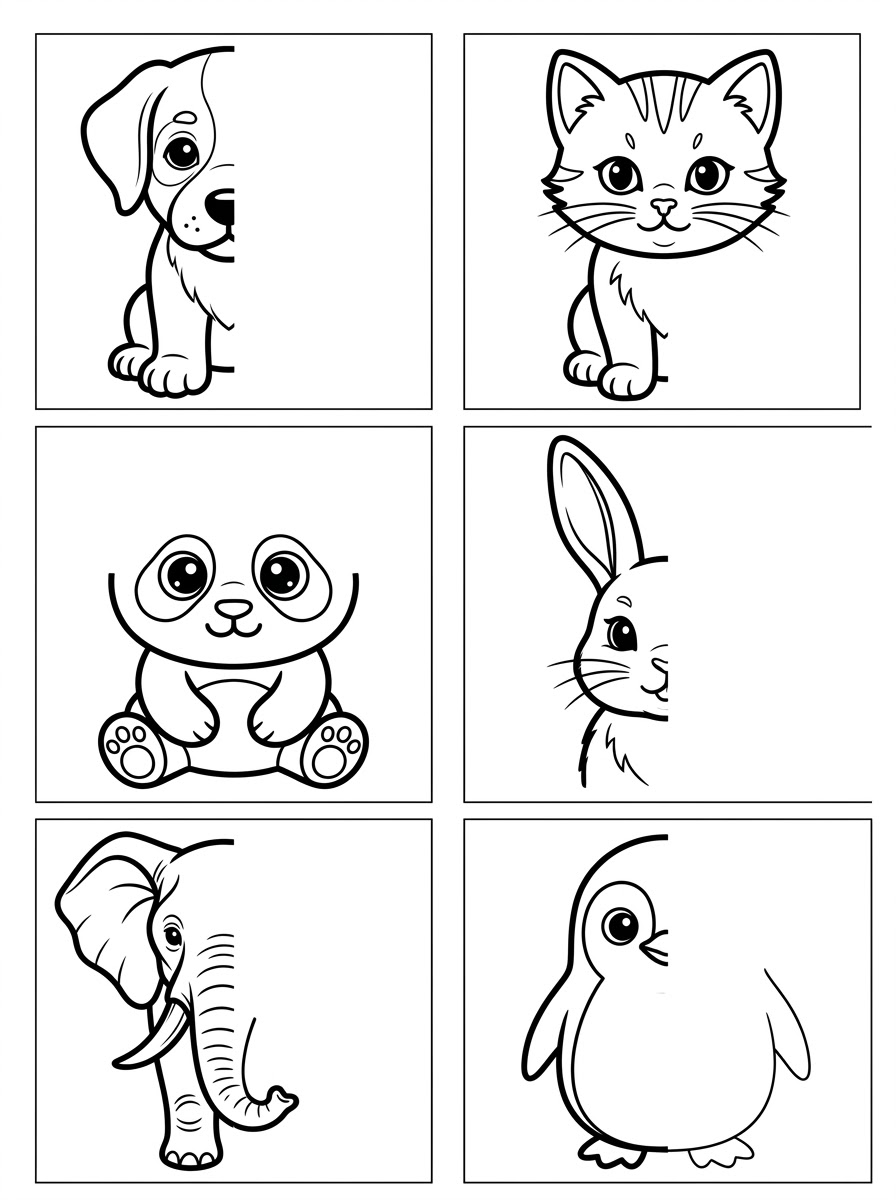 Complete-the-drawing page with six framed half-drawn animals: a dog, a cat, a panda, a rabbit, an elephant and a penguin, each with the other half left empty.