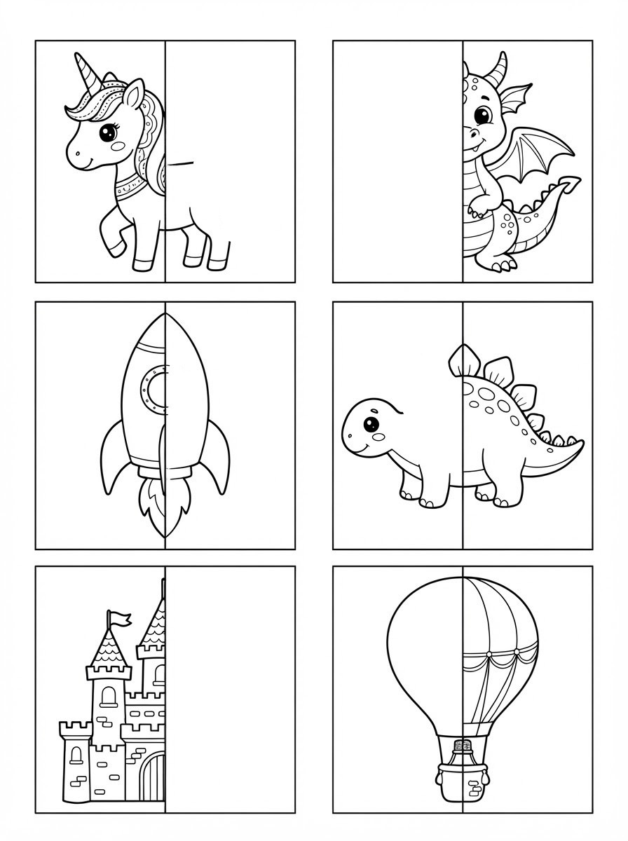 Complete-the-drawing page with six framed half-drawn pictures: a unicorn, a dragon, a rocket, a dinosaur, a castle and a hot air balloon, each waiting for its missing half.