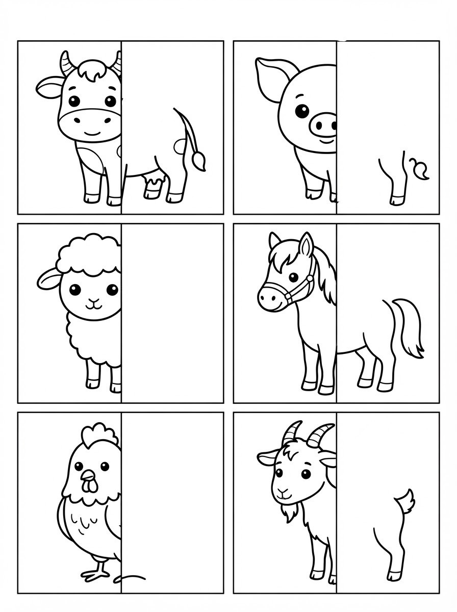 Complete-the-drawing page with six framed farm animals (cow, pig, sheep, horse, chicken and goat), each drawn on the left side with the right side empty or only partly drawn.