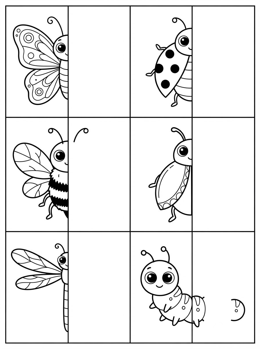 Complete-the-drawing page with six framed half-drawn minibeasts: a butterfly, a ladybug, a bee, a beetle, a dragonfly and a caterpillar.