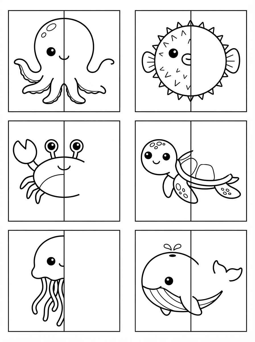 Complete-the-drawing page with six framed sea creatures (octopus, pufferfish, crab, sea turtle, jellyfish and whale), each only partly drawn and waiting to be finished.