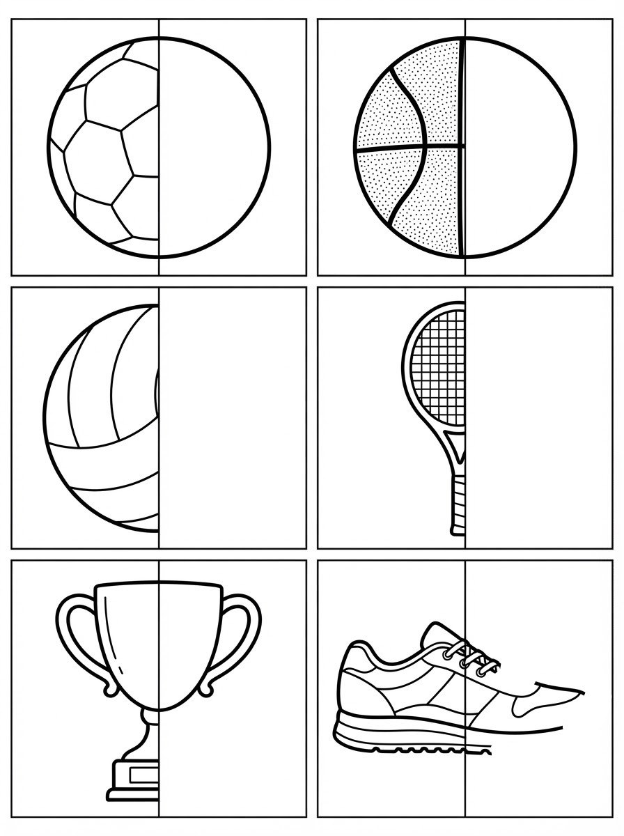 Complete-the-drawing page with six framed half-drawn sports items: a soccer ball, a basketball, a volleyball, a tennis racket, a trophy and a sneaker.