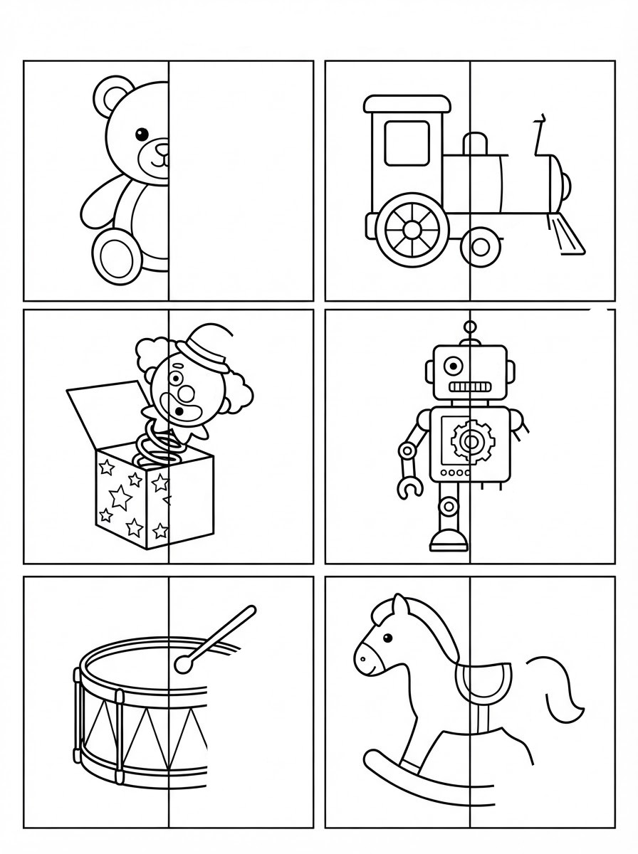 Complete-the-drawing page with six framed half-drawn toys: a teddy bear, a toy train, a jack-in-the-box, a robot, a drum and a rocking horse.