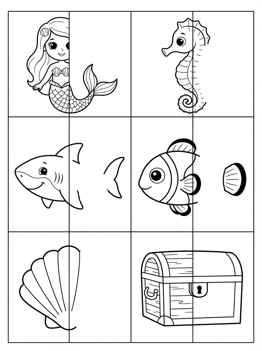 Complete-the-drawing page with six framed half-drawn underwater pictures: a mermaid, a seahorse, a shark, a clownfish, a seashell and a treasure chest.