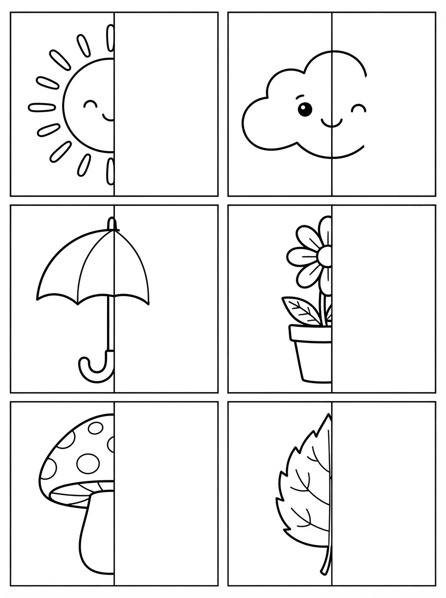 Complete-the-drawing page with six framed half-drawn objects: a smiling sun, a cloud, an umbrella, a flower in a pot, a spotted mushroom and a leaf, each waiting for its missing half.