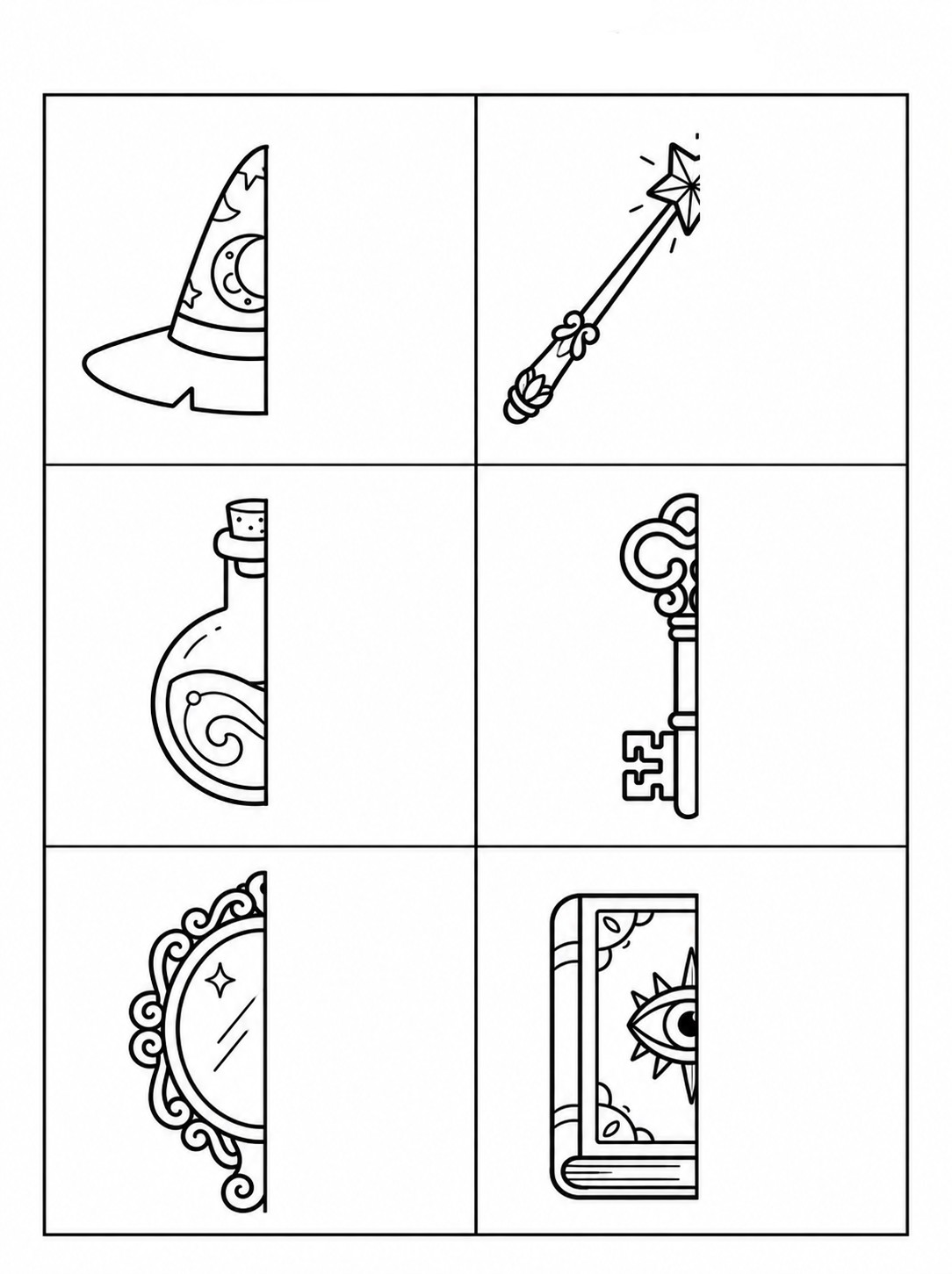 Complete-the-drawing page with six framed half-drawn magic objects: a wizard hat, a magic wand, a potion bottle, a key, a mirror and a spell book.