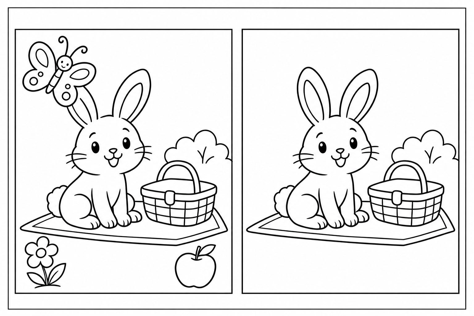Bunny’s Picnic: two black-and-white scenes side by side, with 3 differences and complete thin rectangular frames.