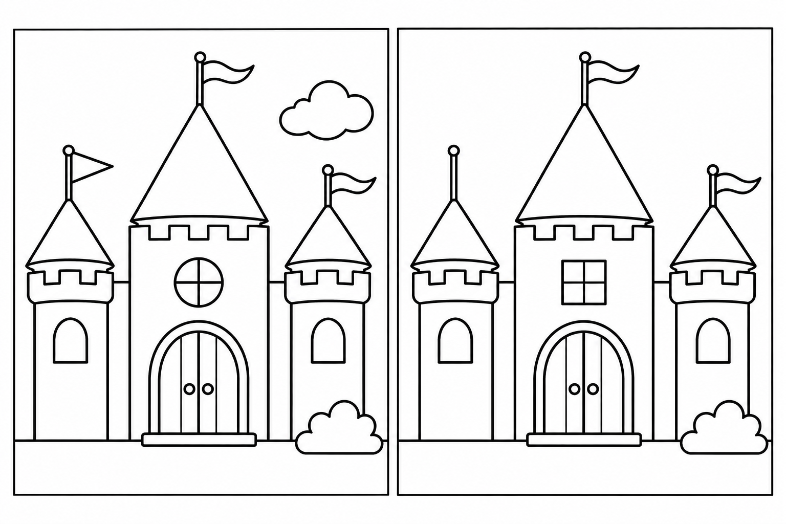 The Friendly Castle: two black-and-white scenes side by side, with 3 differences and complete thin rectangular frames.