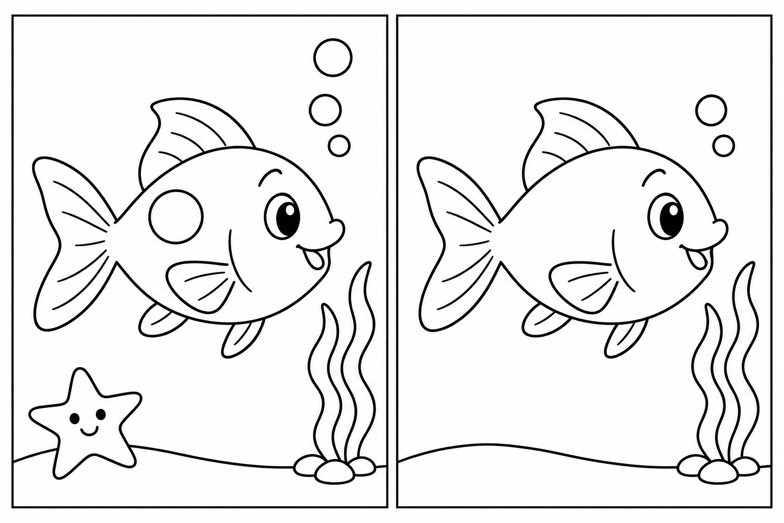 Underwater Friends: two black-and-white scenes side by side, with 3 differences and complete thin rectangular frames.
