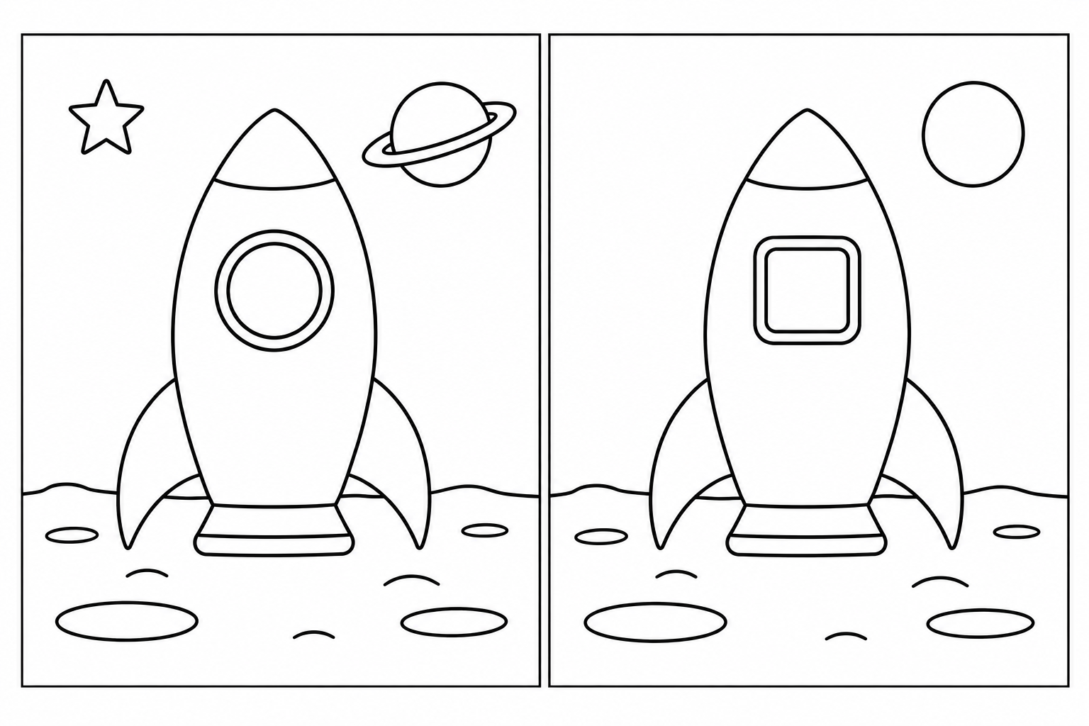 The Little Rocket: two black-and-white scenes side by side, with 3 differences and complete thin rectangular frames.