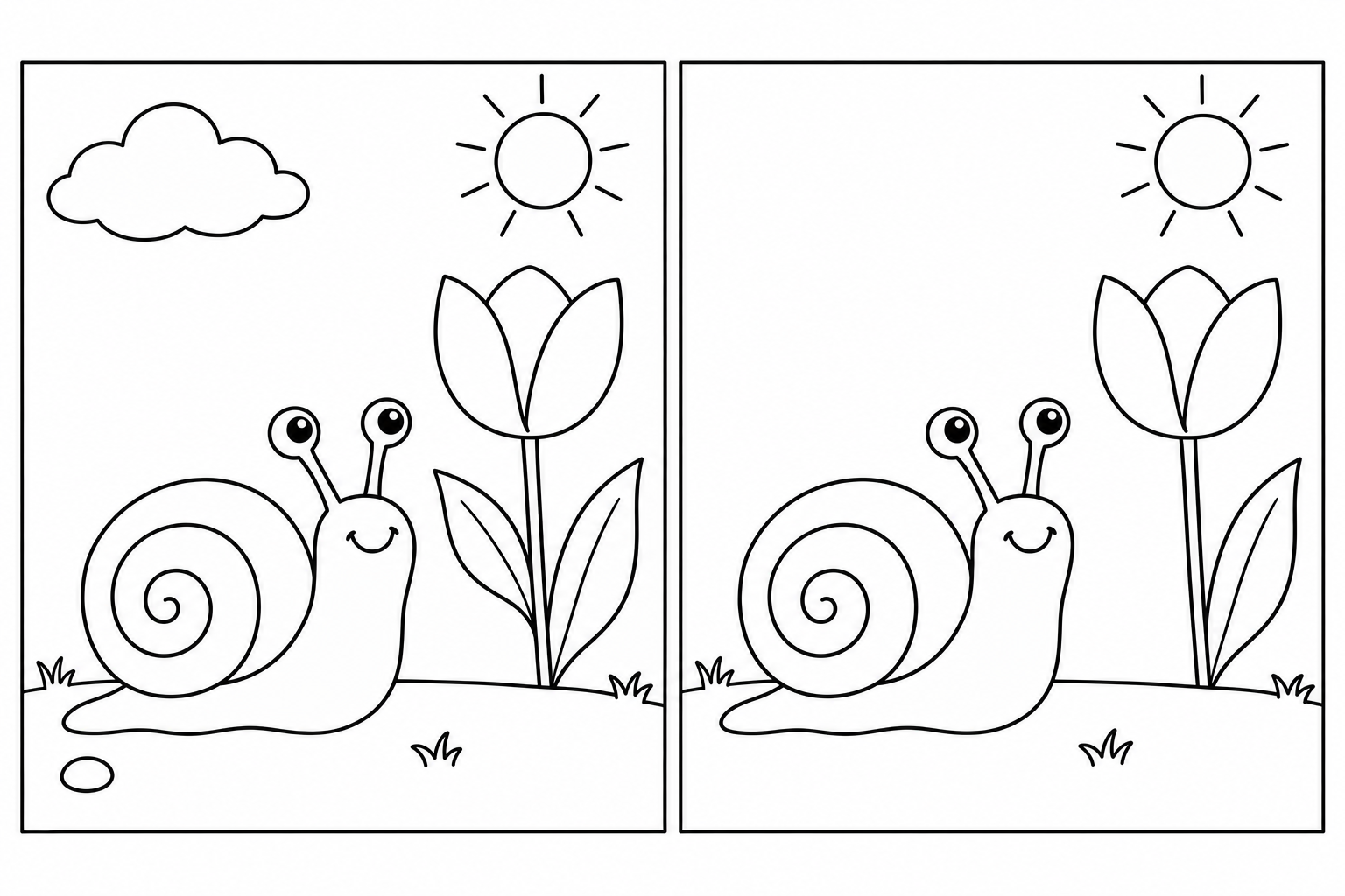 A Snail in the Garden: two black-and-white scenes side by side, with 3 differences and complete thin rectangular frames.