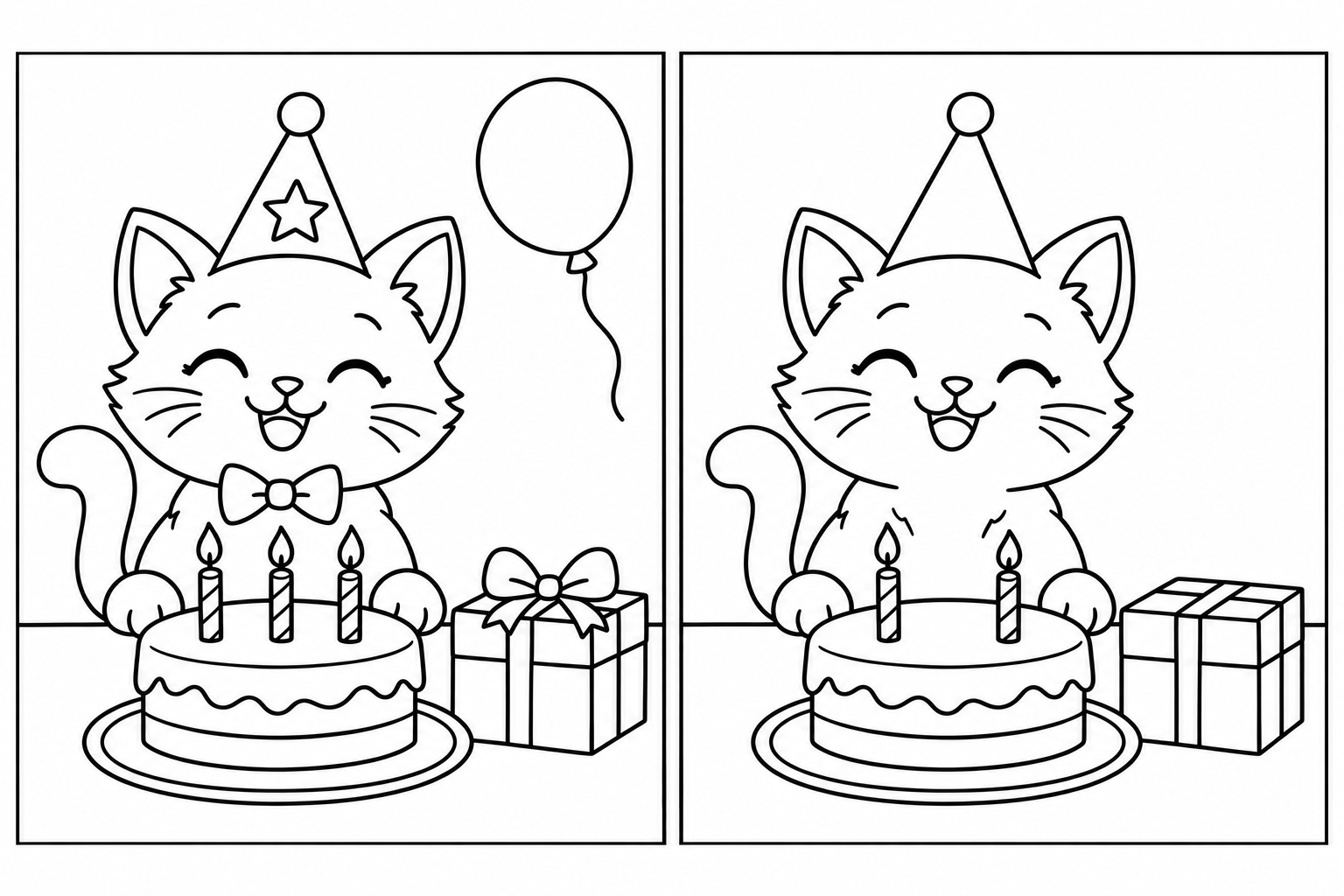 The Birthday Party: two black-and-white scenes side by side, with 5 differences and complete thin rectangular frames.