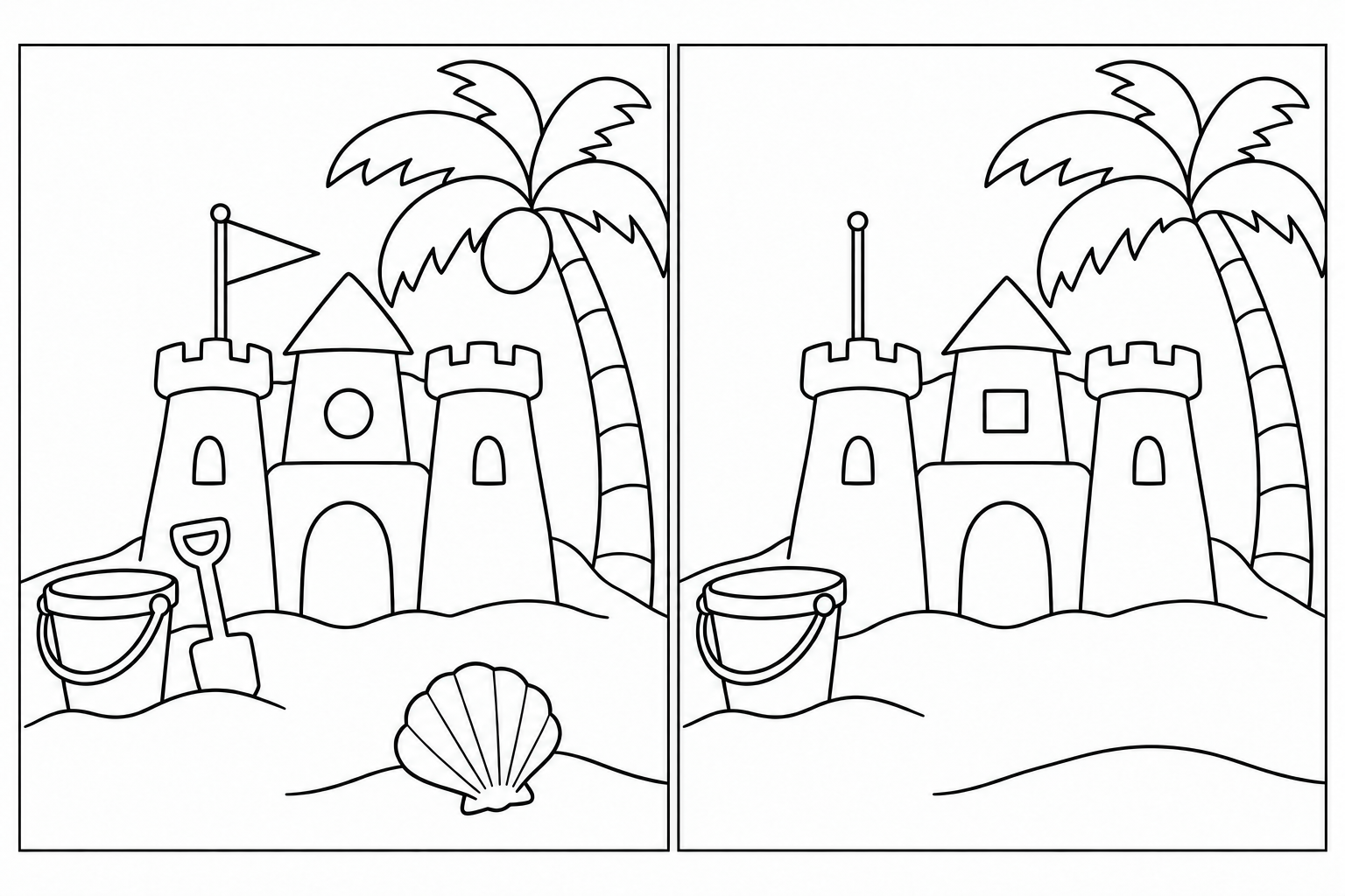 The Sandcastle Beach: two black-and-white scenes side by side, with 5 differences and complete thin rectangular frames.