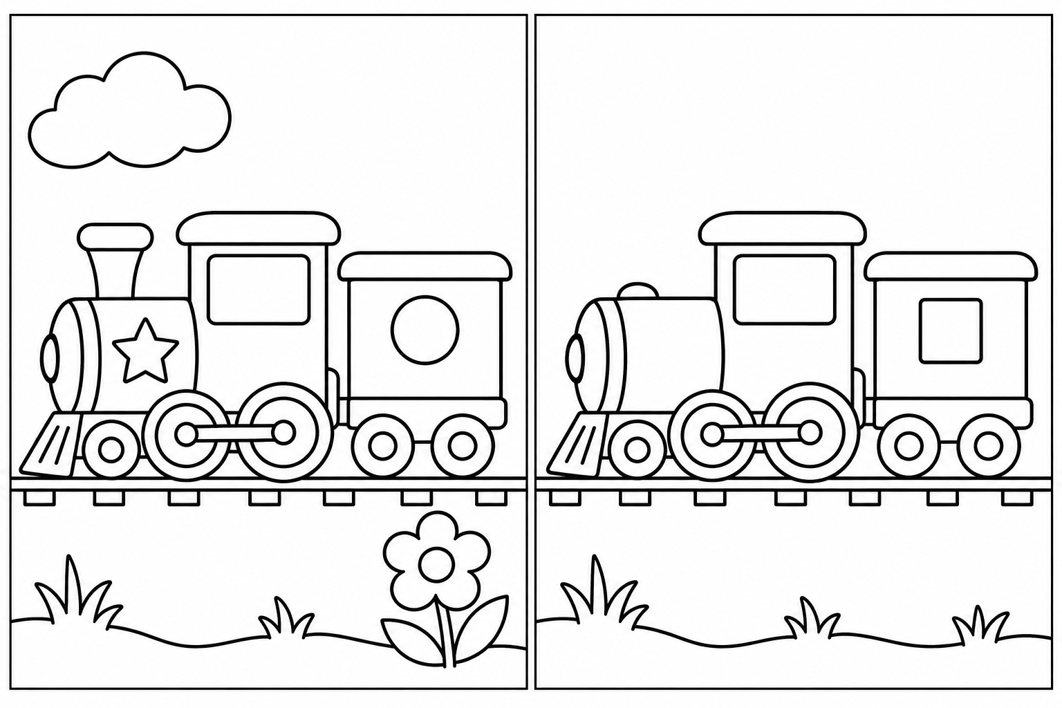 The Toy Train: two black-and-white scenes side by side, with 5 differences and complete thin rectangular frames.