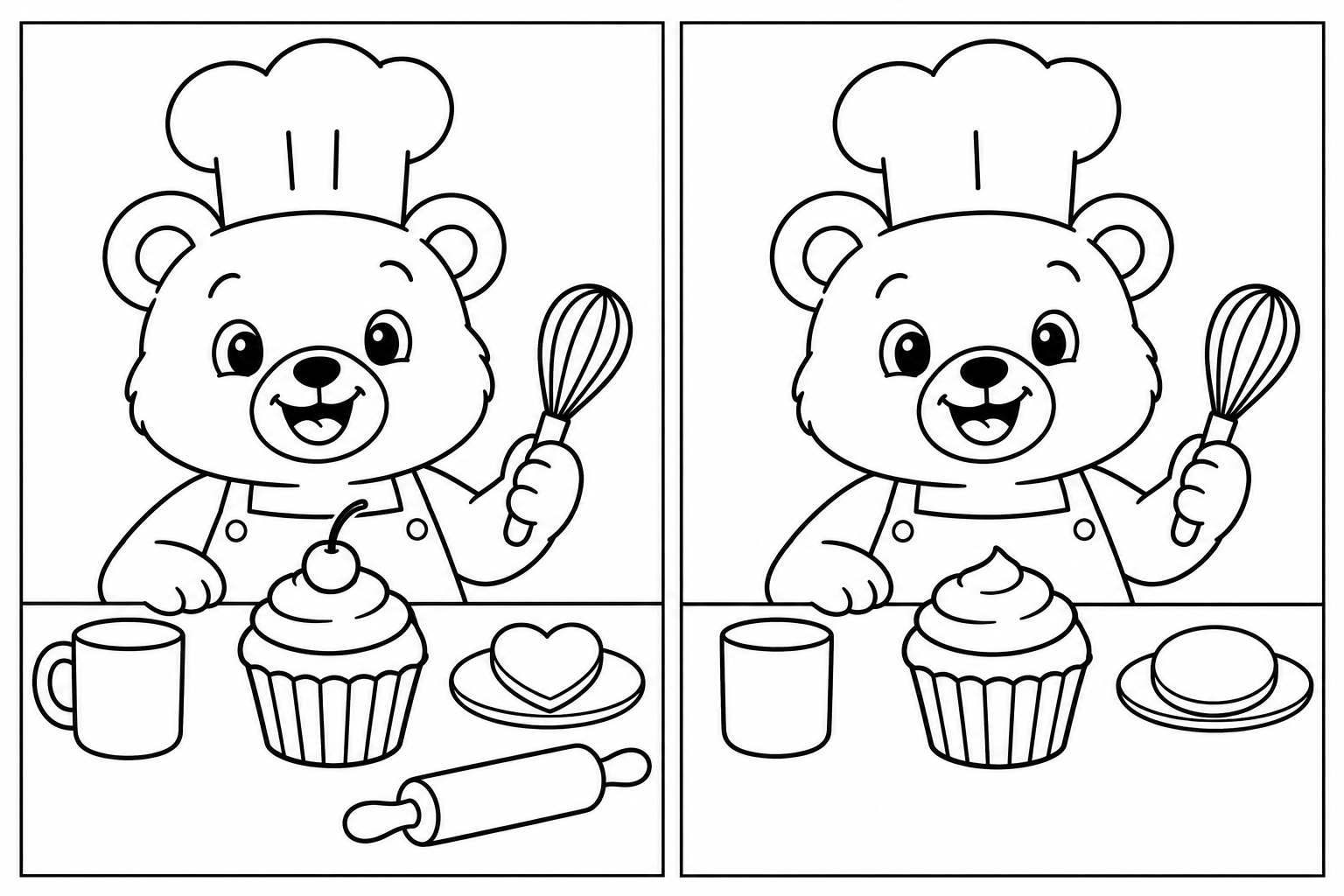The Little Bakery: two black-and-white scenes side by side, with 5 differences and complete thin rectangular frames.
