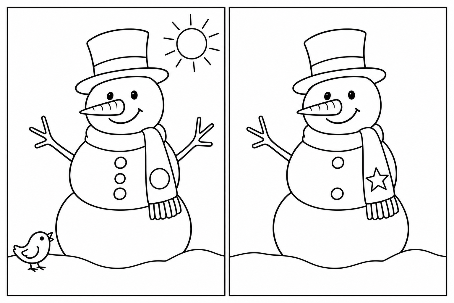 A Snowman Day: two black-and-white scenes side by side, with 5 differences and complete thin rectangular frames.