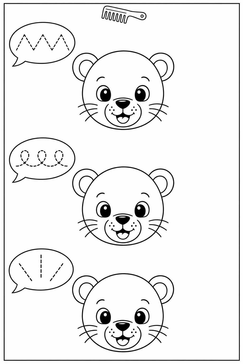 Three lion faces in a vertical column, with bubbles showing a zigzag, connected loops and three outward-pointing straight strokes.
