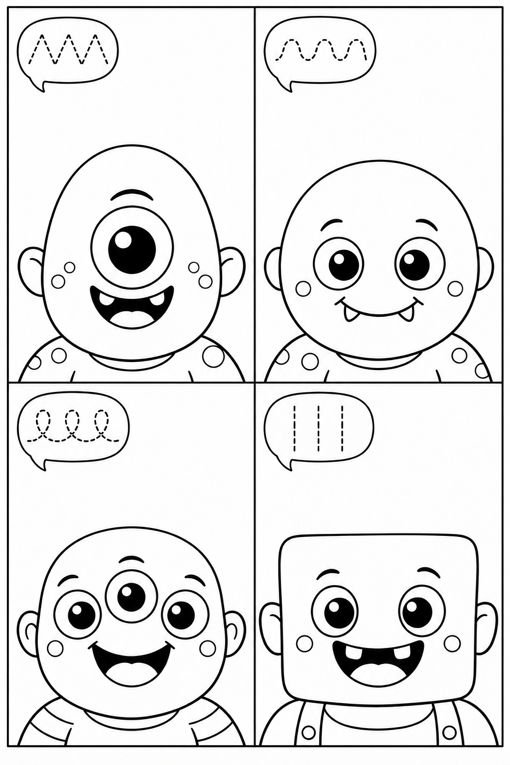 Four monsters in a two-by-two grid: one-eyed, two-eyed, three-eyed and square-faced. Their bubbles show zigzags, waves, loops and three straight vertical strokes.