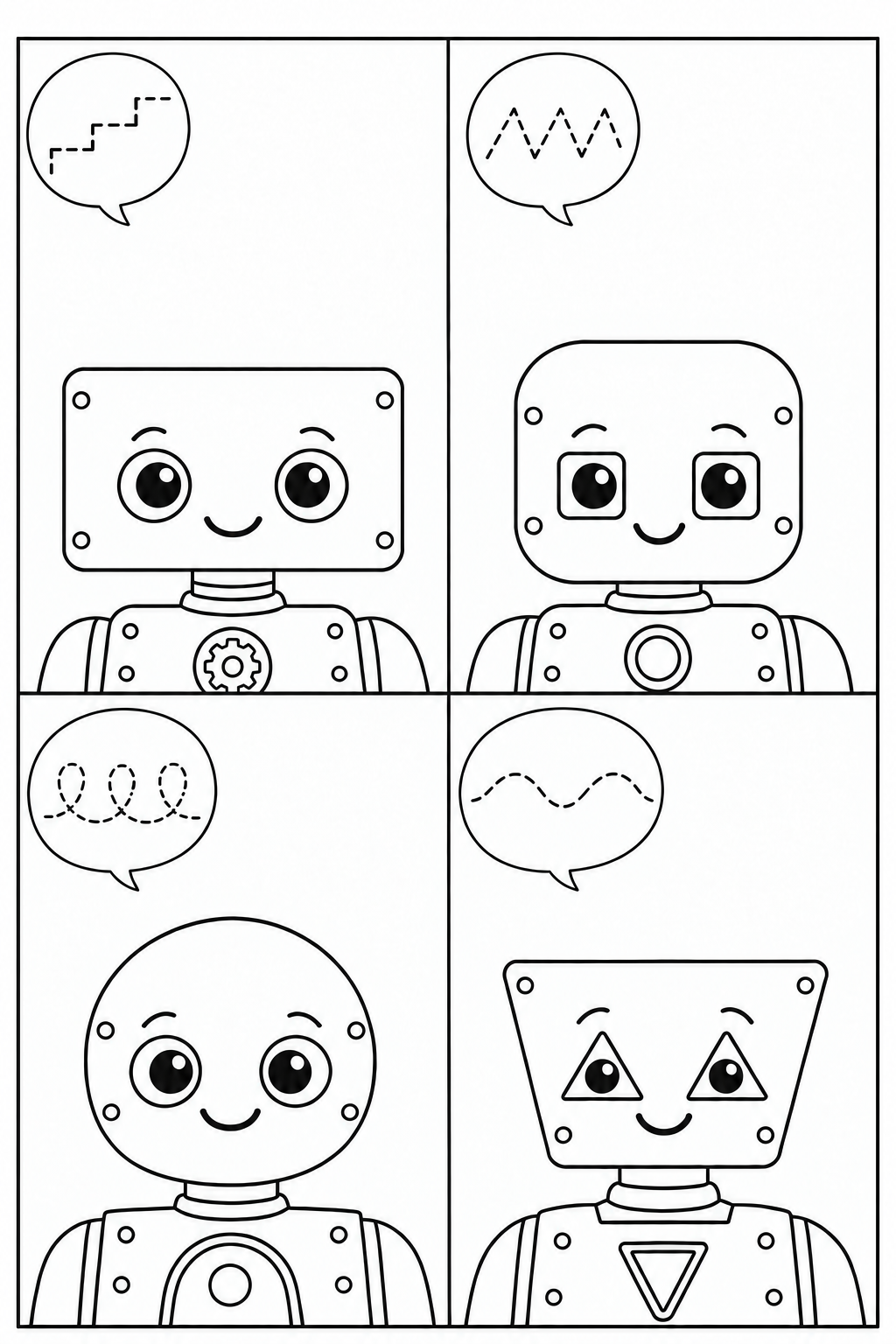 Four smiling robots with rectangle, rounded-square, round and trapezoid heads; bubbles show a staircase, zigzag, loops and a smooth wavy line.