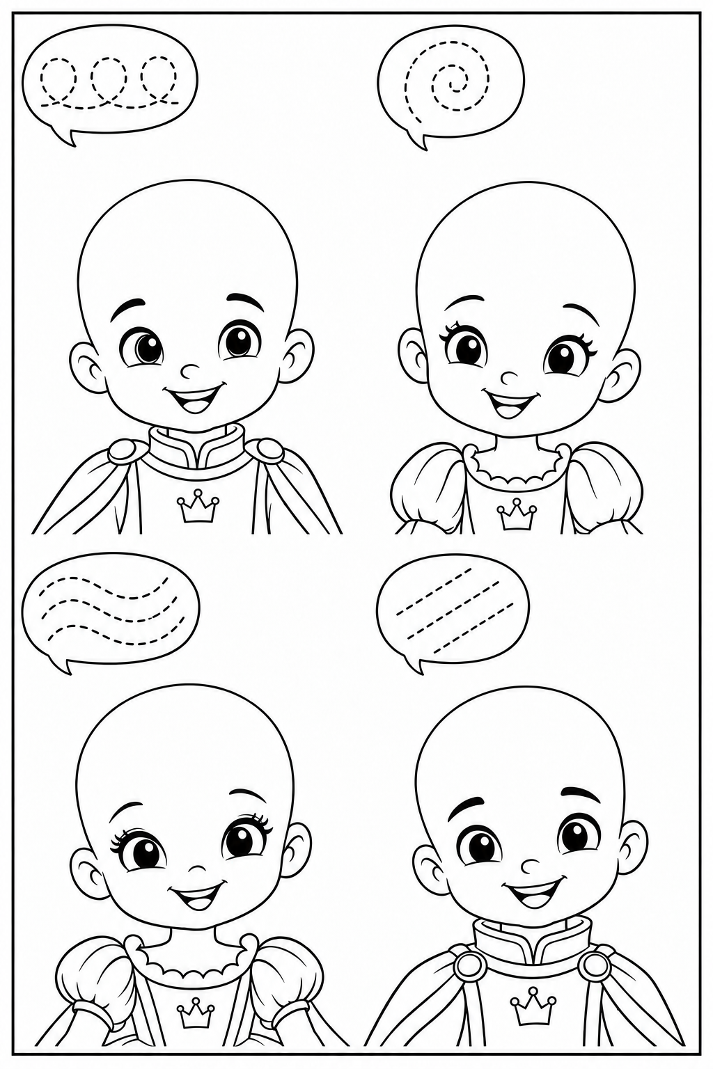 Four royal children with crown emblems on their clothes and blank heads; bubbles contain loops, a spiral, waves and three diagonal strokes.