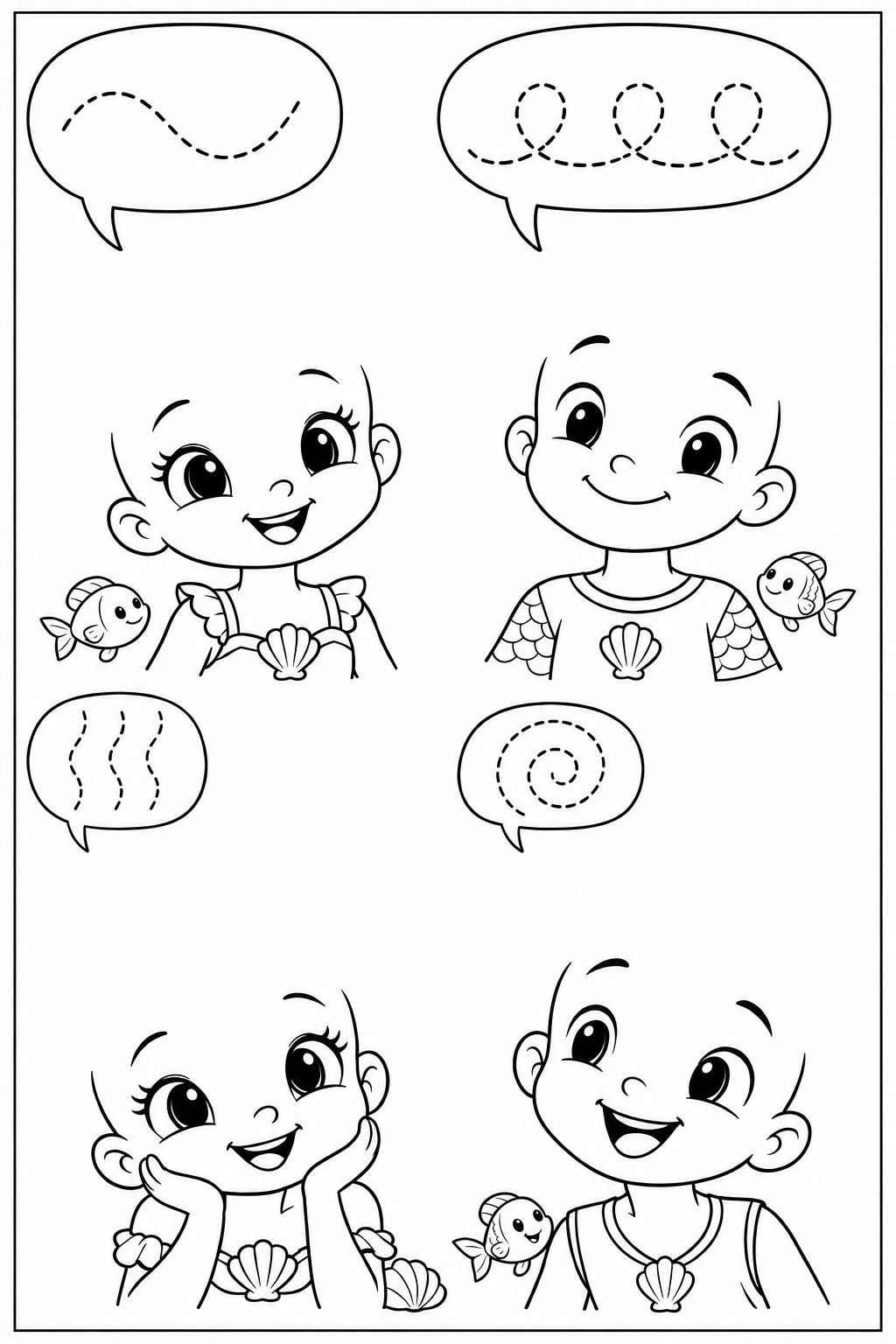 Four sea children wearing shell-themed clothes, with fish and shell details; bubbles show a wave, connected loops, vertical waves and a spiral.