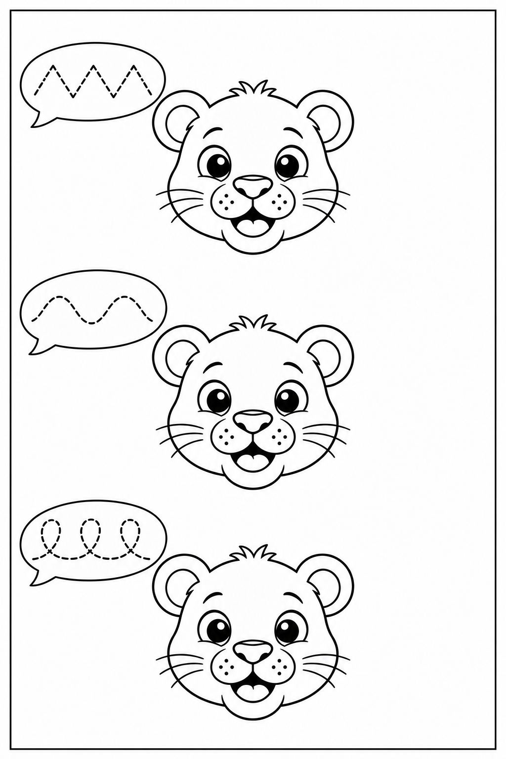 Three smiling lion faces without manes in a vertical column, each with a speech bubble to the upper left: dashed zigzag, wave and connected loops from top to bottom. White background and complete rectangular border.