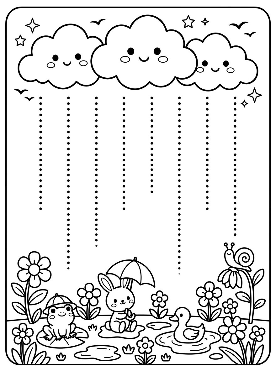 Printable raindrop tracing sheet: three smiling clouds with eight dotted lines falling toward a garden pond with a frog, a bunny under an umbrella, a duck and a snail.