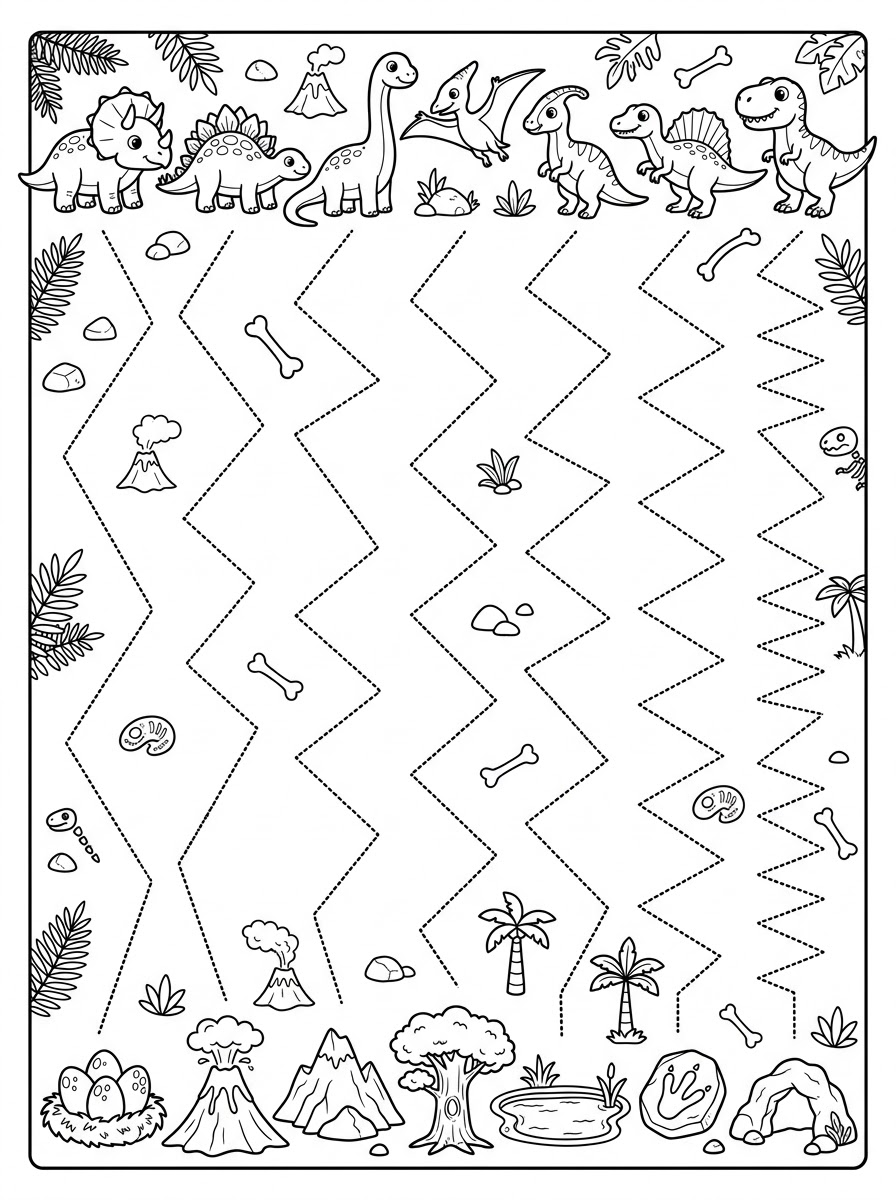 Printable zigzag tracing page with seven dashed zigzag trails running from a row of cartoon dinosaurs at the top to volcanoes, a pond, a cave and dinosaur eggs at the bottom.