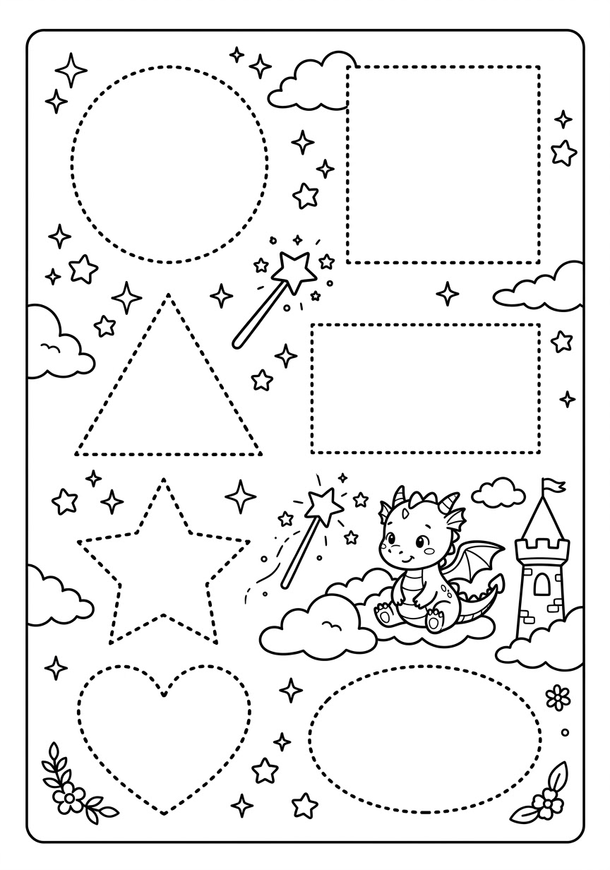 Printable shape tracing page with seven large dotted shapes (circle, square, triangle, rectangle, star, heart and oval), sparkles, magic wands and a baby dragon on a cloud beside a castle tower.