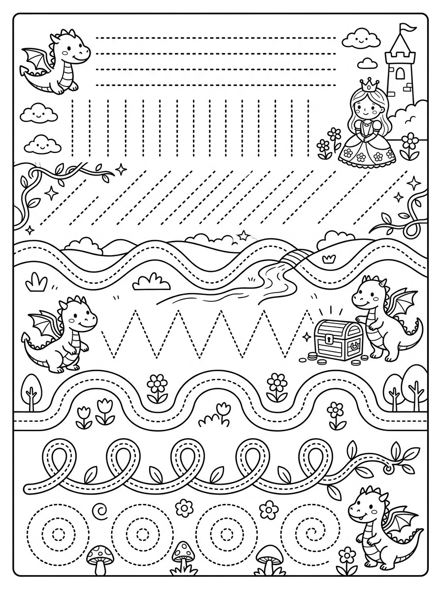 Printable pre-writing page with bands of horizontal, vertical, slanted, wavy, zigzag, looping and spiral lines, decorated with friendly dragons, a princess, a tower and a treasure chest.