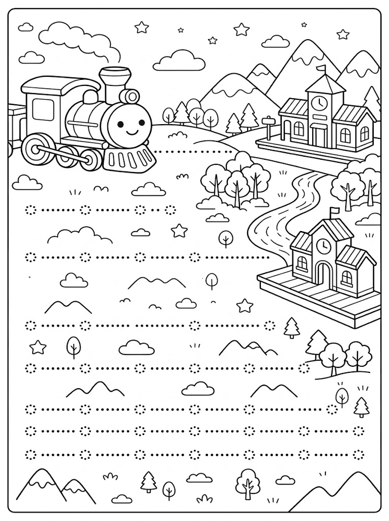 Printable train tracing page: a smiling steam train at the top left, a station and a river on the right, and rows of dotted left-to-right lines between small circles.
