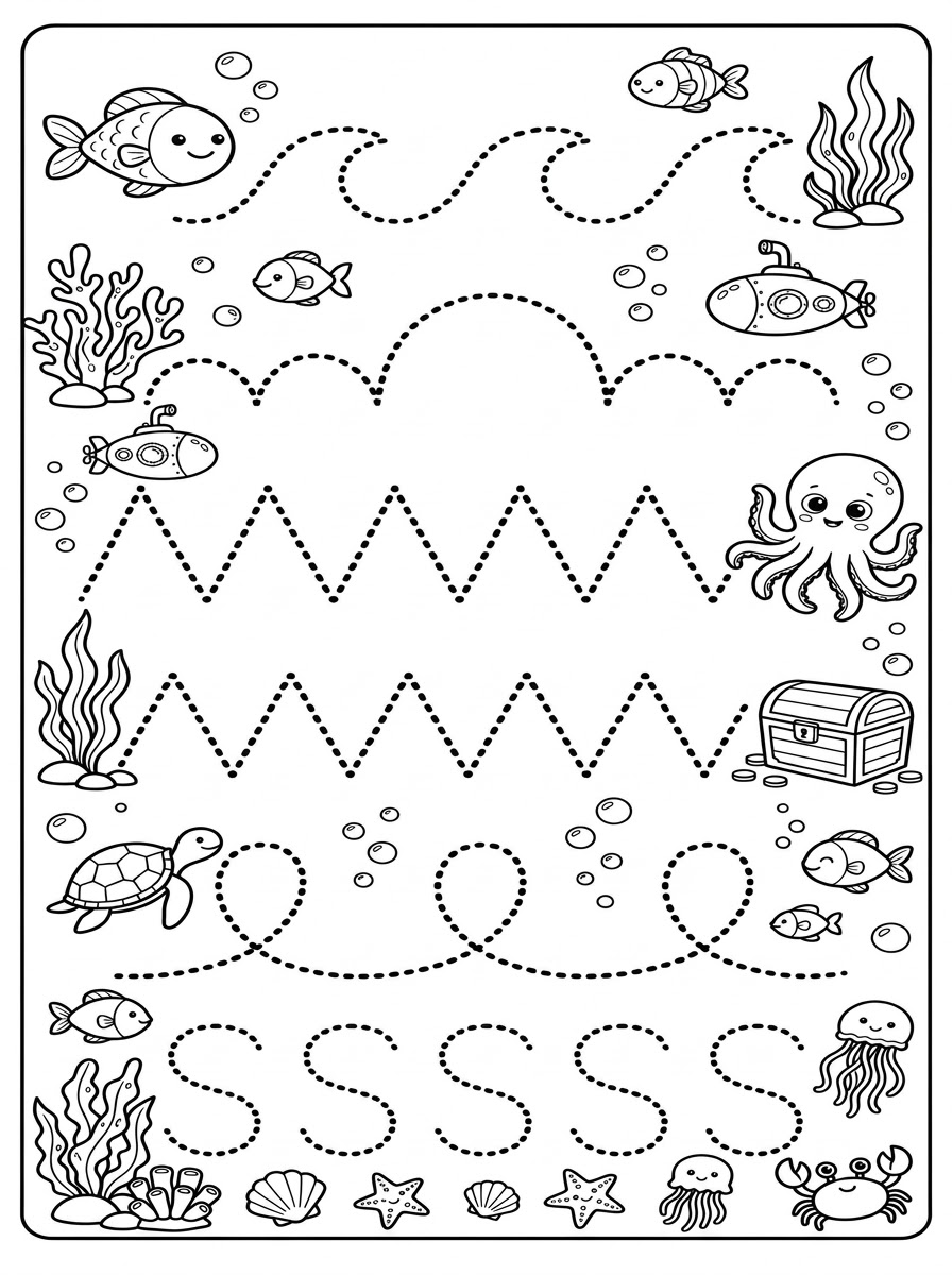 Printable tracing page with rows of dotted waves, scallops, zigzags, loops and S shapes in an underwater scene with fish, a submarine, an octopus, a turtle, a jellyfish, a crab and a treasure chest.