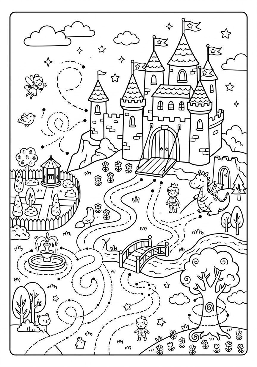 Printable tracing page with a large fairy-tale castle, winding dashed paths across hills, a wooden bridge, a fountain, a garden, a dragon, a fairy and other characters.