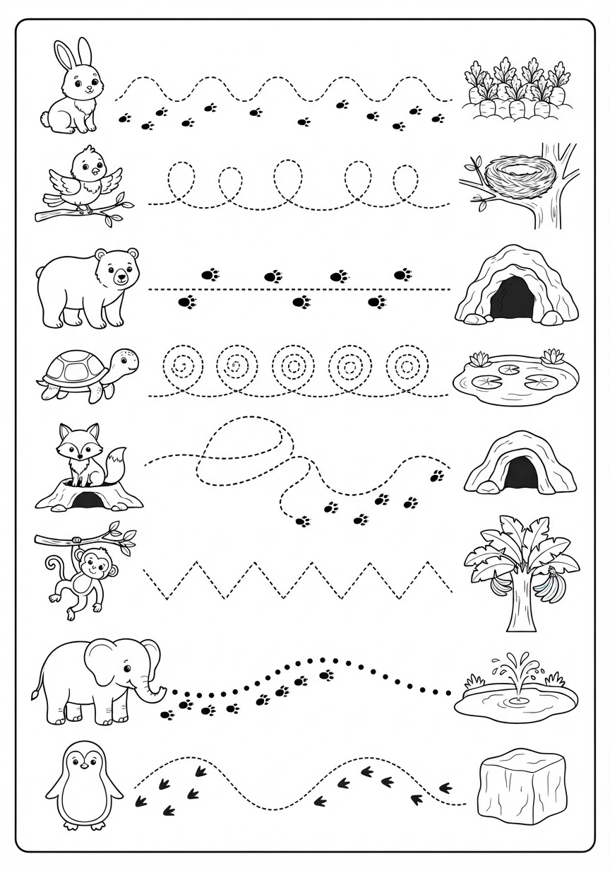 Printable tracing page with eight animals on the left (rabbit, bird, bear, turtle, fox, monkey, elephant and penguin), each with a dotted or footprint trail leading to a carrot patch, nest, cave, pond, tree or ice on the right.