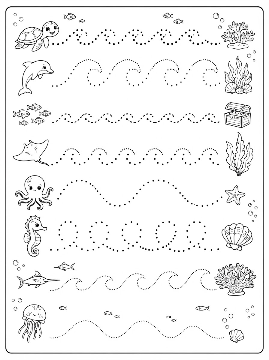Printable tracing page with eight sea animals on the left, each with a row of dotted waves leading to coral, seaweed, a starfish, a shell or a treasure chest on the right.