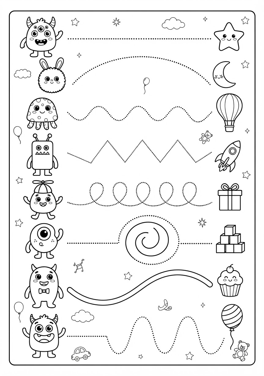 Printable tracing page with eight friendly monsters on the left, each with a straight, arched, wavy, zigzag, looping, spiral or tall-wave line leading to a star, moon, balloon, rocket, gift, blocks or cupcake on the right.