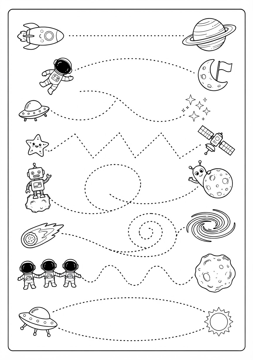Printable tracing page with eight dashed trails linking a rocket, astronauts, UFOs, a robot and a comet on the left to a ringed planet, the moon, stars, a satellite, a galaxy and the sun on the right.