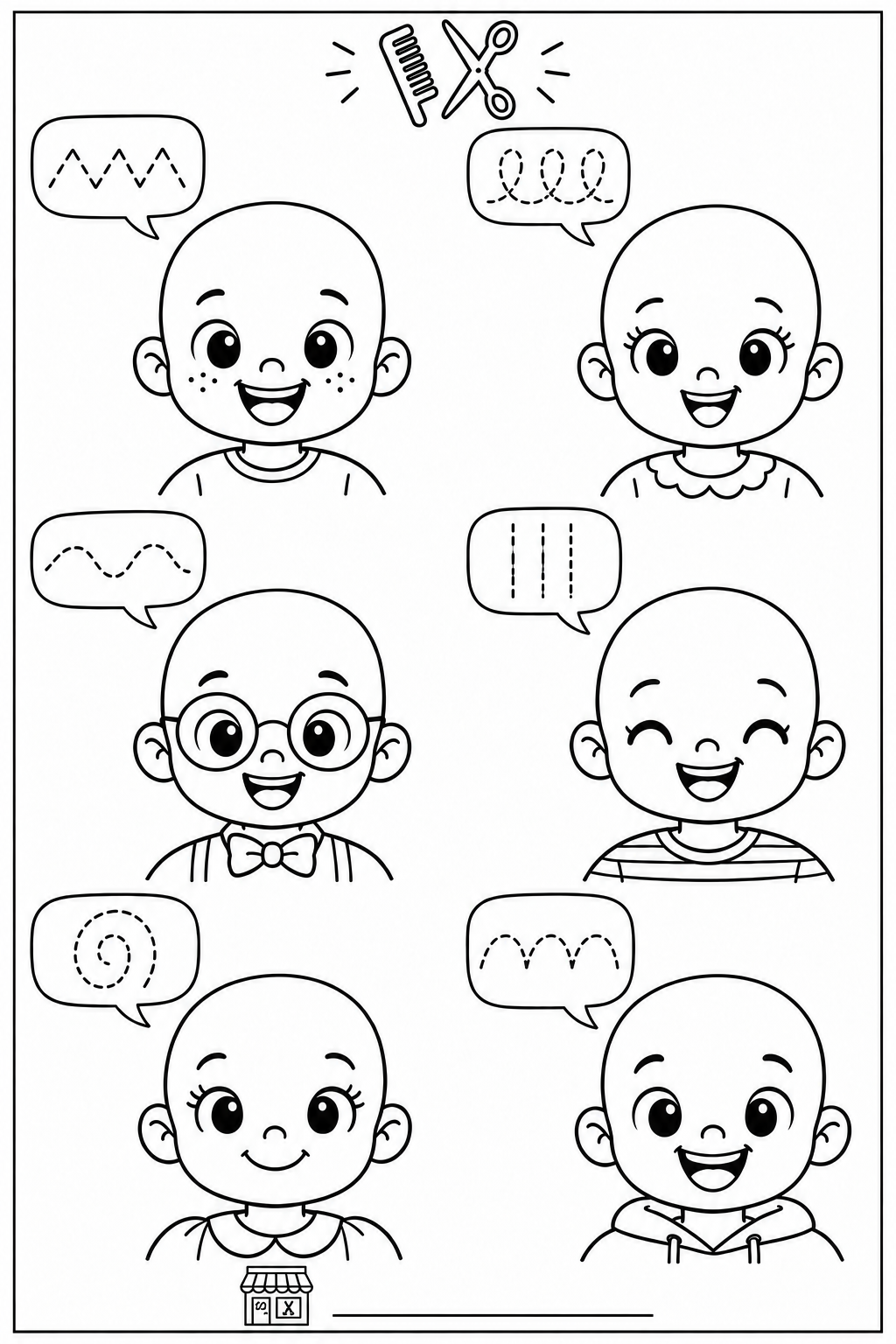 Six smiling hairless cartoon customers in two columns and three rows, with speech bubbles showing a zigzag, loops, a wave, straight lines, a spiral, and a row of rounded arches. A shop icon and blank salon-name line sit at the bottom.