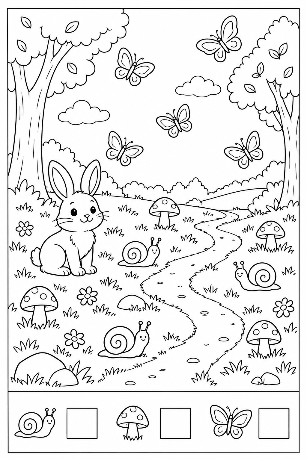 Black-and-white woodland surprises counting worksheet: snails, mushrooms, butterflies in the upper search picture, three separate example icons and empty answer boxes below a divider, with a thin black border.