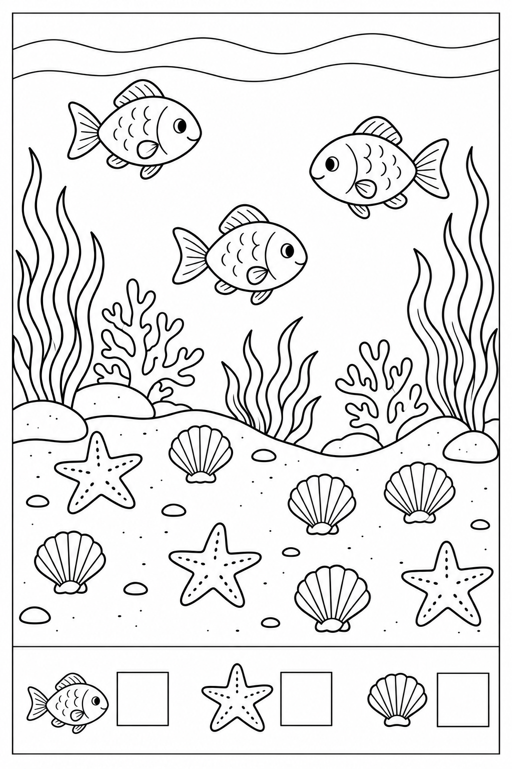 Black-and-white ocean friends counting worksheet: fish, starfish, seashells in the upper search picture, three separate example icons and empty answer boxes below a divider, with a thin black border.