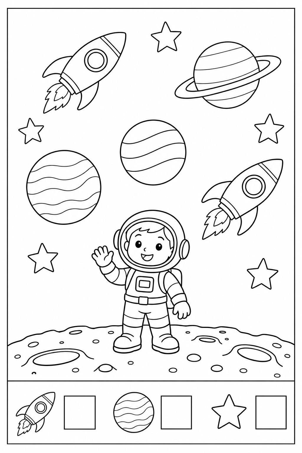 Black-and-white space discovery counting worksheet: rockets, planets, stars in the upper search picture, three separate example icons and empty answer boxes below a divider, with a thin black border.