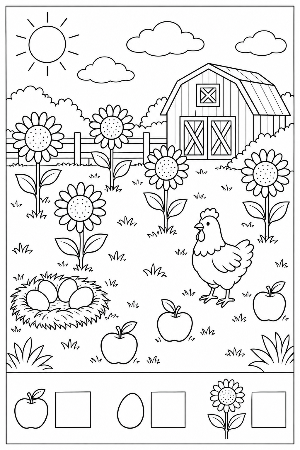 Black-and-white farm morning counting worksheet: apples, eggs, sunflowers in the upper search picture, three separate example icons and empty answer boxes below a divider, with a thin black border.