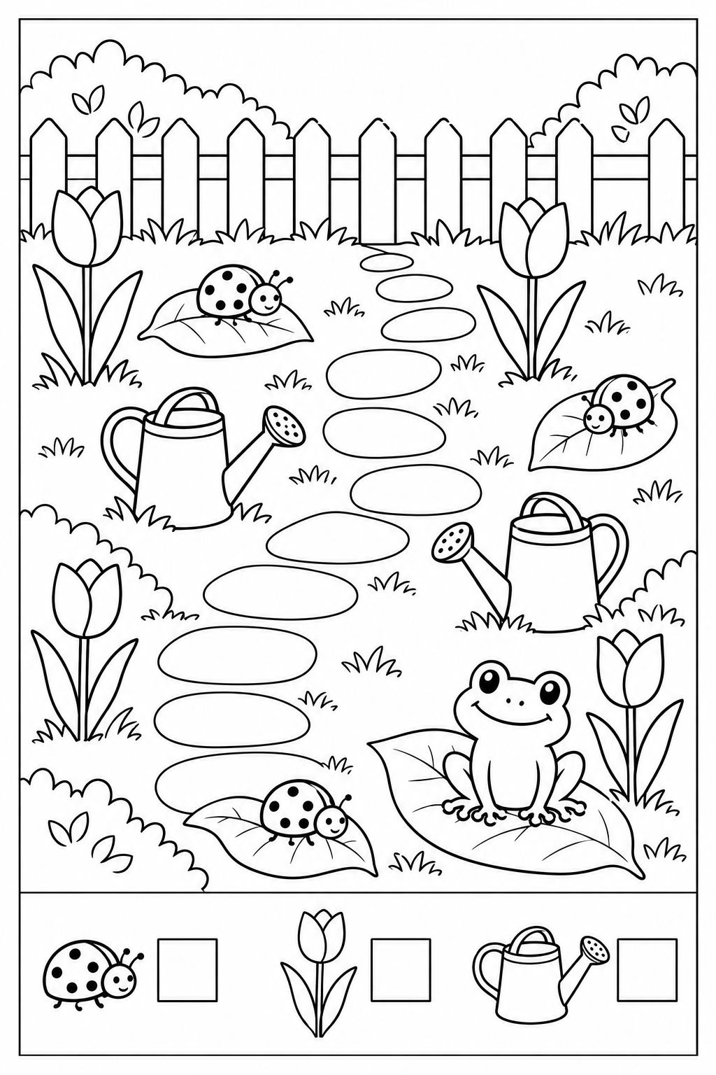 Black-and-white garden treasures counting worksheet: ladybugs, tulips, watering cans in the upper search picture, three separate example icons and empty answer boxes below a divider, with a thin black border.