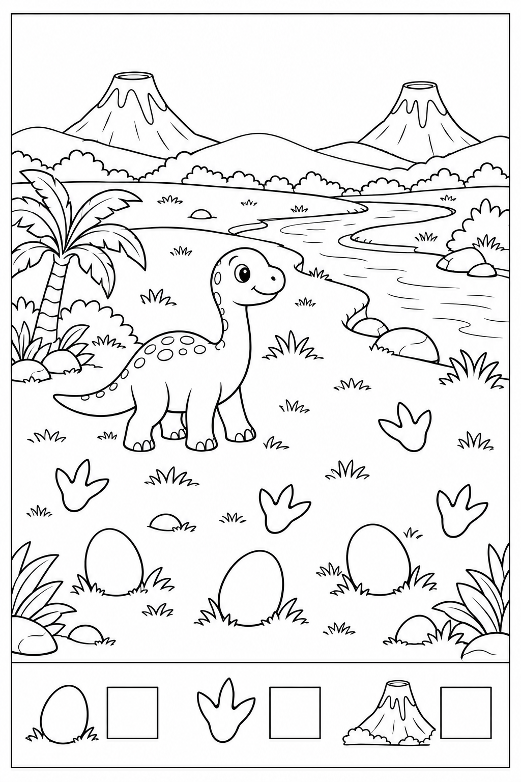 Black-and-white dinosaur valley counting worksheet: eggs, footprints, volcanoes in the upper search picture, three separate example icons and empty answer boxes below a divider, with a thin black border.