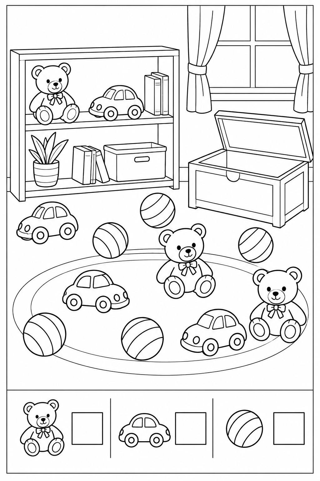 Black-and-white toy room counting worksheet: teddy bears, toy cars, balls in the upper search picture, three separate example icons and empty answer boxes below a divider, with a thin black border.