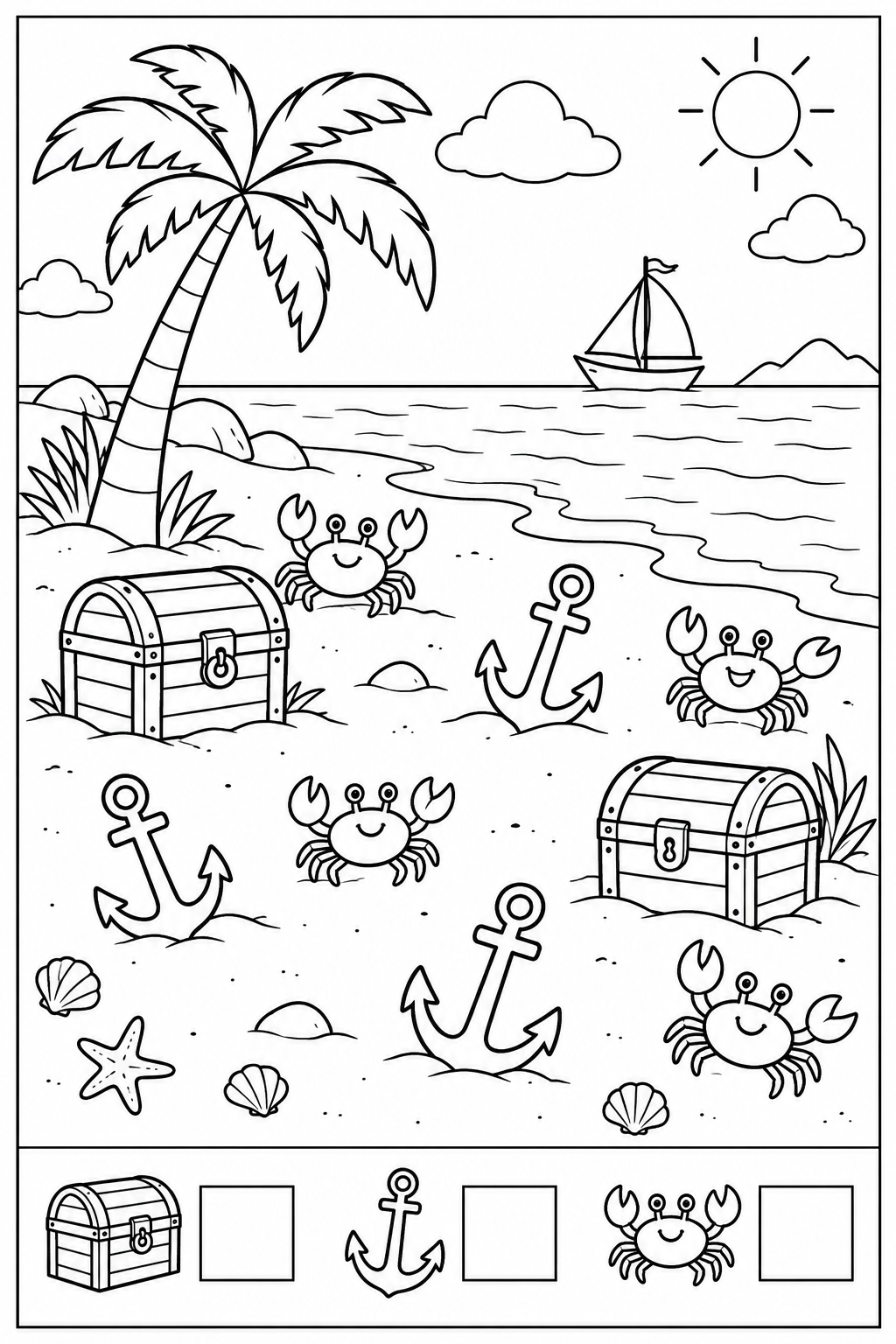 Black-and-white pirate beach counting worksheet: treasure chests, anchors, crabs in the upper search picture, three separate example icons and empty answer boxes below a divider, with a thin black border.