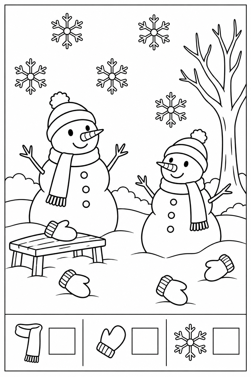 Black-and-white winter play counting worksheet: scarves, mittens, snowflakes in the upper search picture, three separate example icons and empty answer boxes below a divider, with a thin black border.