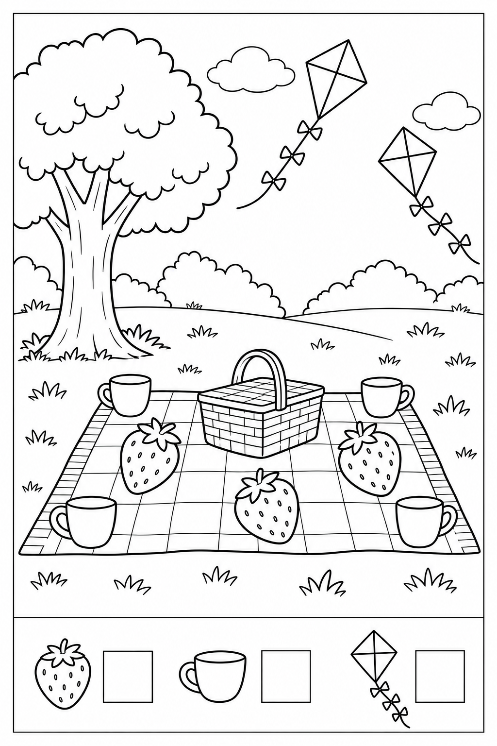 Black-and-white picnic in the park counting worksheet: strawberries, cups, kites in the upper search picture, three separate example icons and empty answer boxes below a divider, with a thin black border.