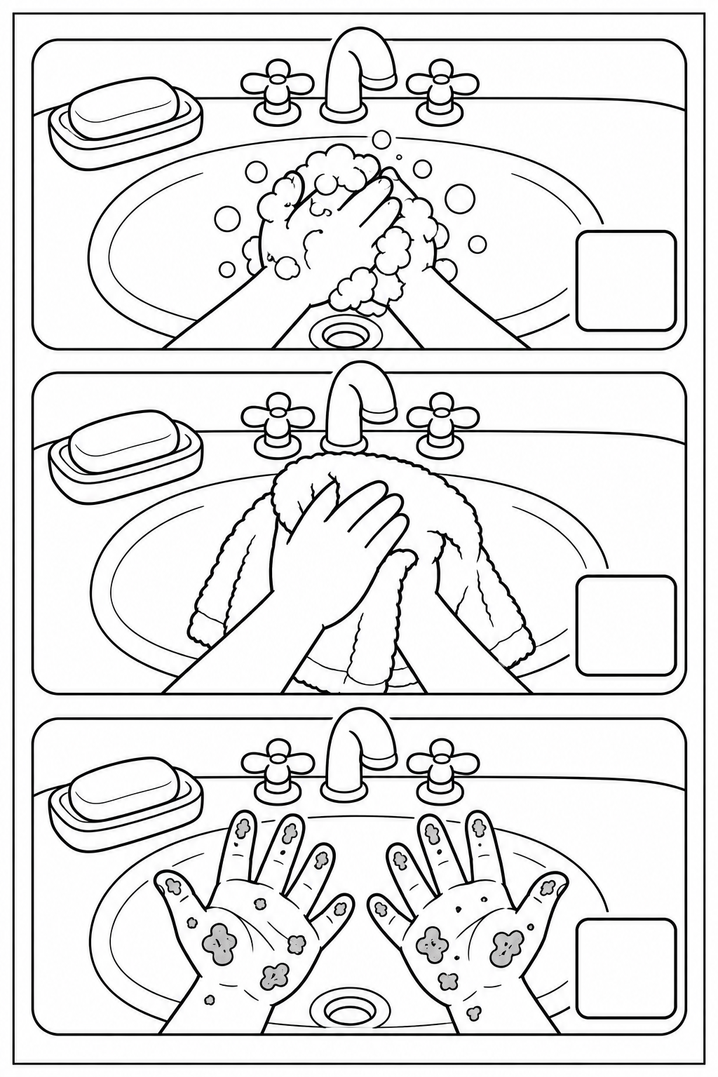 Black-and-white sequencing sheet with 3 mixed-up scenes, empty number boxes and a complete thin border. In page order: Wash with soap and rinse with water. / Dry the clean hands with a towel. / Start with dirty hands.