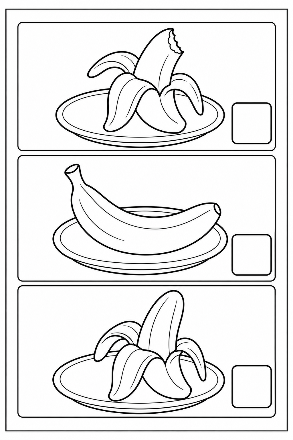 Black-and-white sequencing sheet with 3 mixed-up scenes, empty number boxes and a complete thin border. In page order: Take a bite of the peeled banana. / Pick the whole, unpeeled banana. / Peel the banana to reveal the intact fruit.